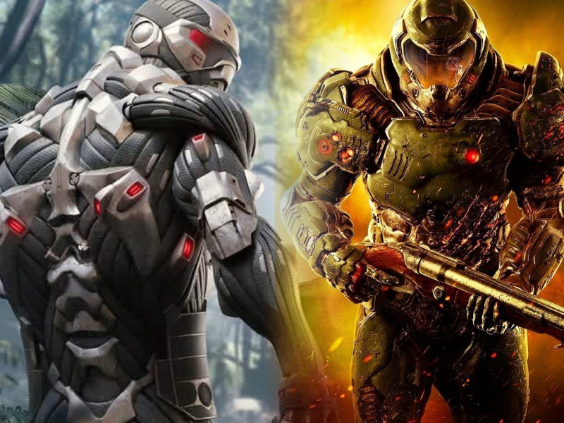 Screenshot-Collage aus Crysis Remastered und Doom von 2016.