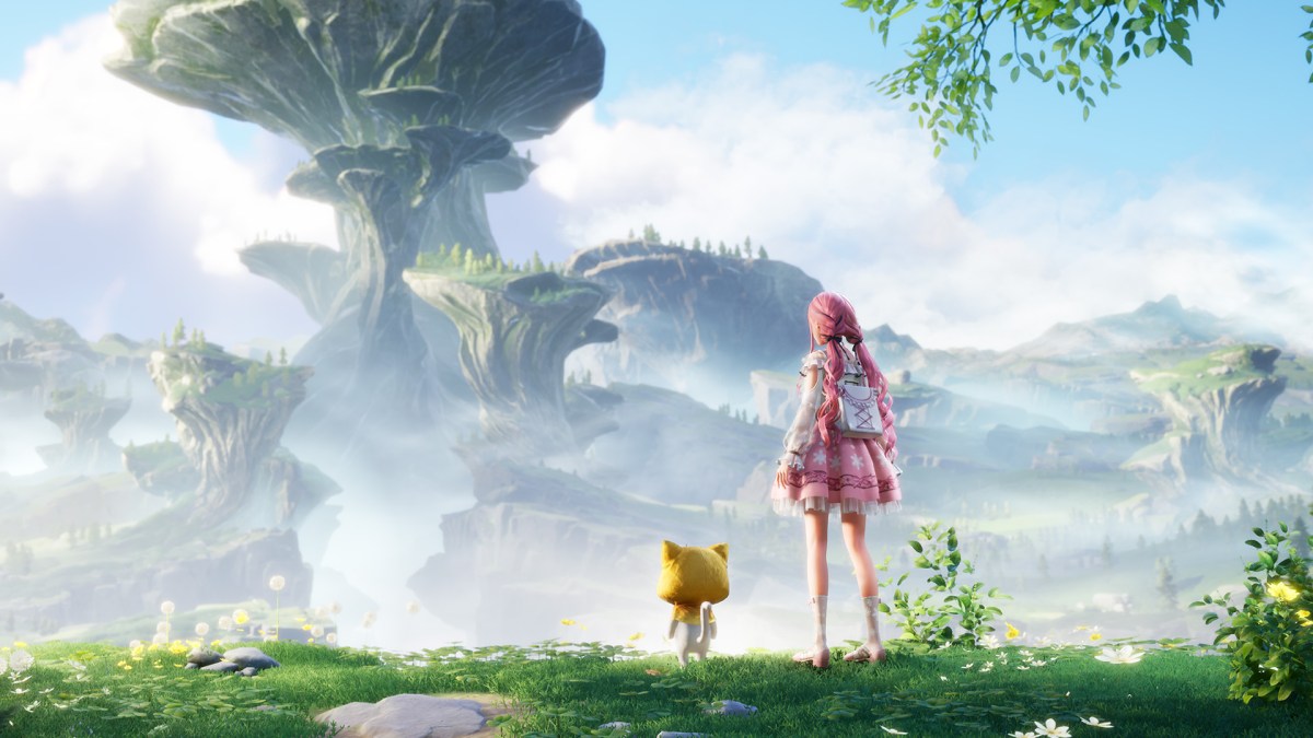 Bild zum Spiel Infinity Nikki mit Hauptcharakter Nikki und Katzenwesen Momo vor einer Landschaft