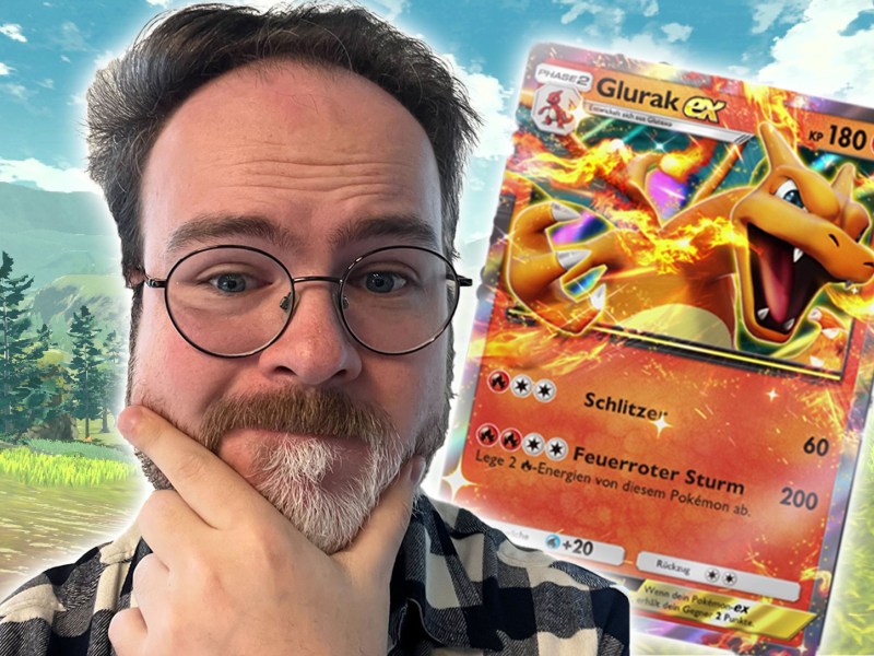 Das Gesicht von Redakteur Jonas neben einer Glurak Ex-Karte aus Pokémon TCG Pocket.