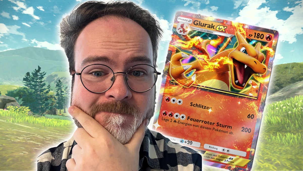 Das Gesicht von Redakteur Jonas neben einer Glurak Ex-Karte aus Pokémon TCG Pocket.