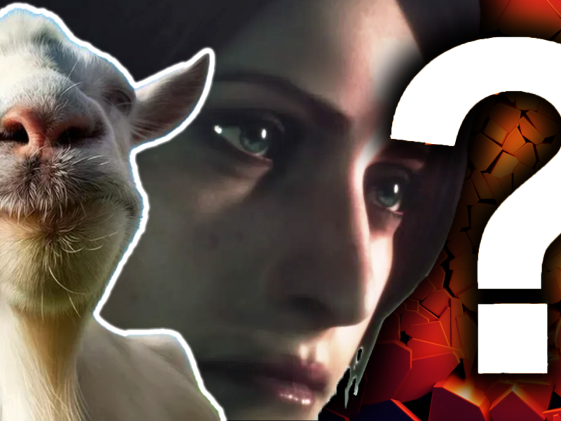 Eine Bildmontage, die eine Ziege Goat Simulator zeigt - und Jill Valentine aus Resident Evil: Revelations 2.