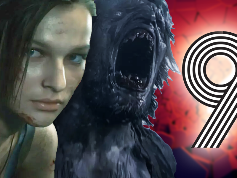 Eine Bildmontage, die Jill Valentine zeigt, außerdem einen Lycan aus Resident Evil Village und ein große, fette Ziffer neun.