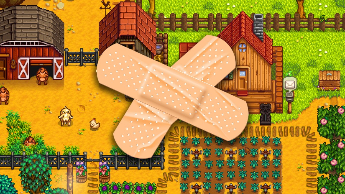 Screenshot aus Stardew Valley und zwei übereinander gelegte Pflaster