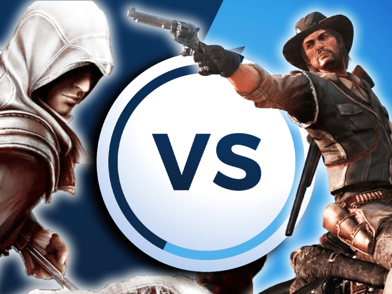 Eine Bildmontage, die zwei Charaktere aus berühmten Videospielen zeigt: Einen Kuttenträger aus Assassin's Creed und einen männlich gelesenen Cowboy aus Red Dead Redemption.