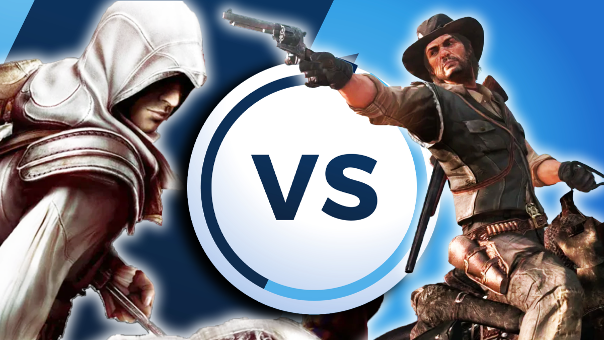Eine Bildmontage, die zwei Charaktere aus berühmten Videospielen zeigt: Einen Kuttenträger aus Assassin's Creed und einen männlich gelesenen Cowboy aus Red Dead Redemption.