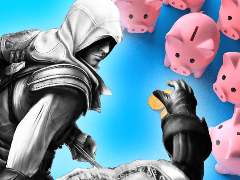 Eine Bildmontage, die einen männlich gelesenen Kuttenträger aus Assassin's Creed zeigt - und ein paar Sparschweine.