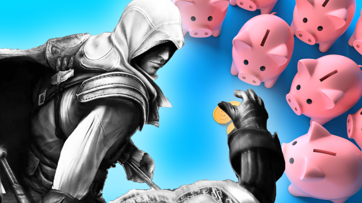 Eine Bildmontage, die einen männlich gelesenen Kuttenträger aus Assassin's Creed zeigt - und ein paar Sparschweine.