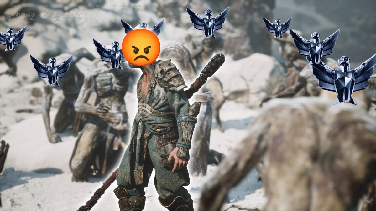 Ein Screenshot aus Black Myth: Wukong mit wütendem Affen und Game Awards Statuen.