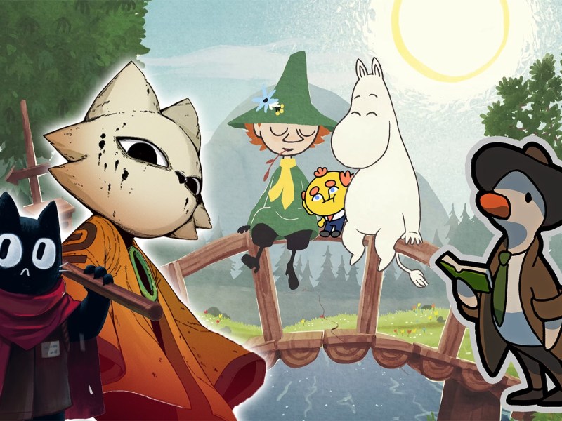 Verschiedene Charaktere aus Indie Games sitzen zusammen auf einer Brücke.