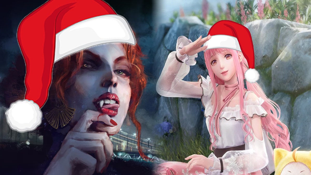Screenshot aus Vampire: The Masquerade - Coteries of New York und Infinity Nikki, wobei beide Bilder mit Weihnachtsmützen versehen sind.