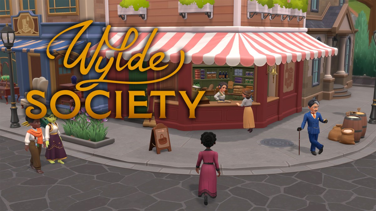 Screenshot aus Wylde Society vor einer Bäckerei und mit dem Logo des Spiels.
