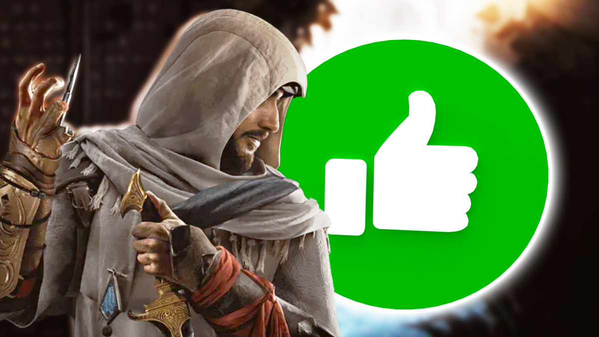 Eine Bildmontage, die den männlich gelesenen Helden aus Assassin's Creed Mirage zeigt. Daneben: Ein dicker, fetter Daumen-Hoch.