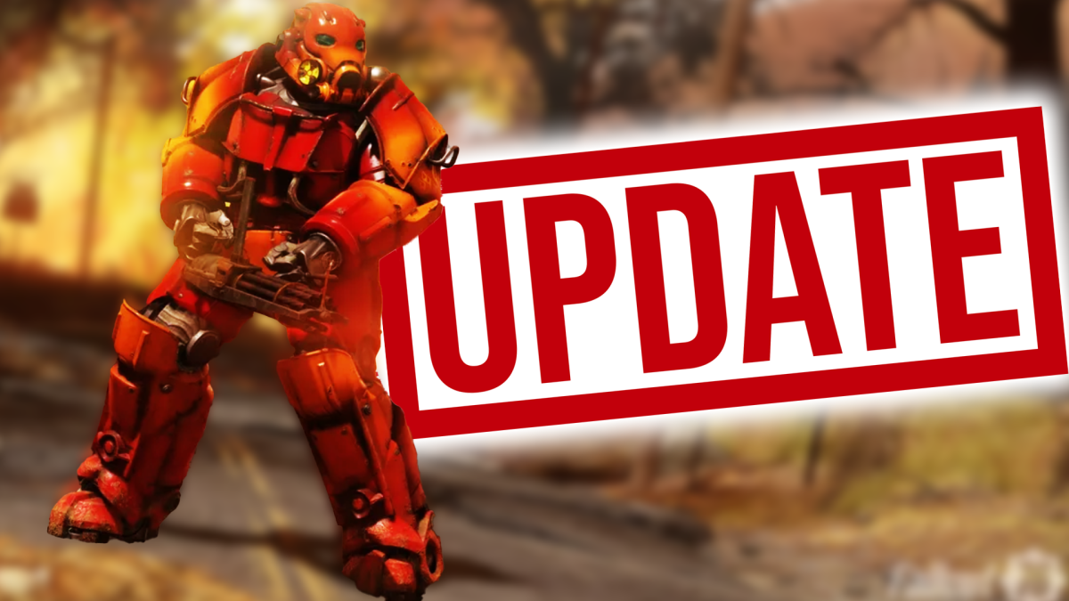 Eine Bildmontage, die ein Mitglied der Stählernen Bruderschaft aus Fallout 76 im Power-Anzug zeigt. Daneben: Ein Update-Button.