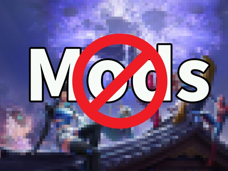 Ein verpixeltes Bild von Marvel Rivals mit durchgestrichenem Wort Mods darüber.