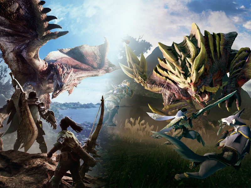 Ein Bild von Monster Hunter World das in ein Bild von Monster Hunter Rise übergeht.