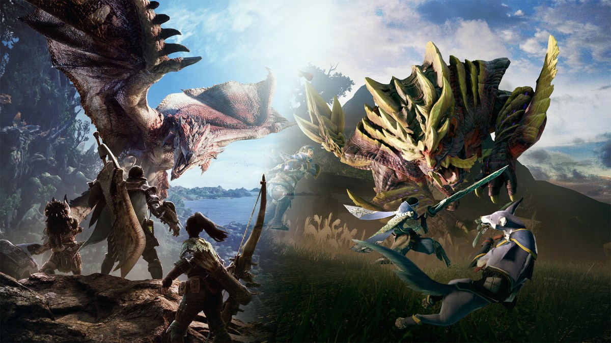 Ein Bild von Monster Hunter World das in ein Bild von Monster Hunter Rise übergeht.