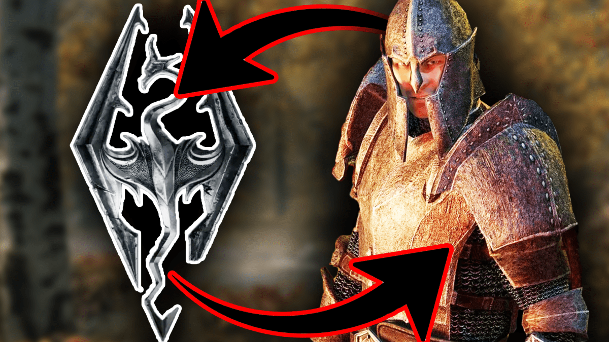 Eine Bildmontage, die einen männlich gelesenen Charakter aus The Elder Scrolls IV: Oblivion zeigt. Daneben: Das Wappen aus The Elder Scrolls V: Skyrim.