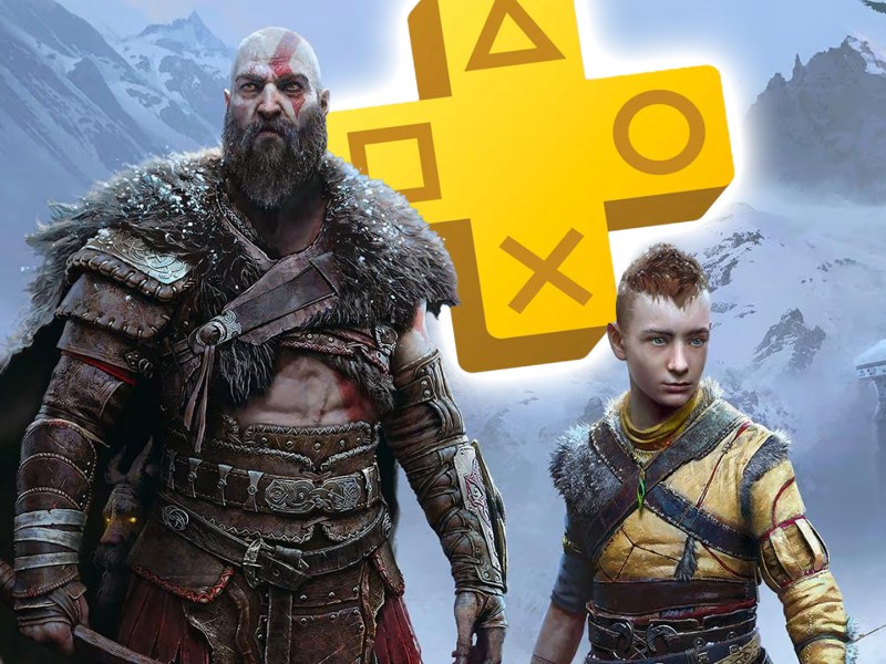 Screenshot aus God of War Ragnarök, versehen mit dem PS Plus Logo.