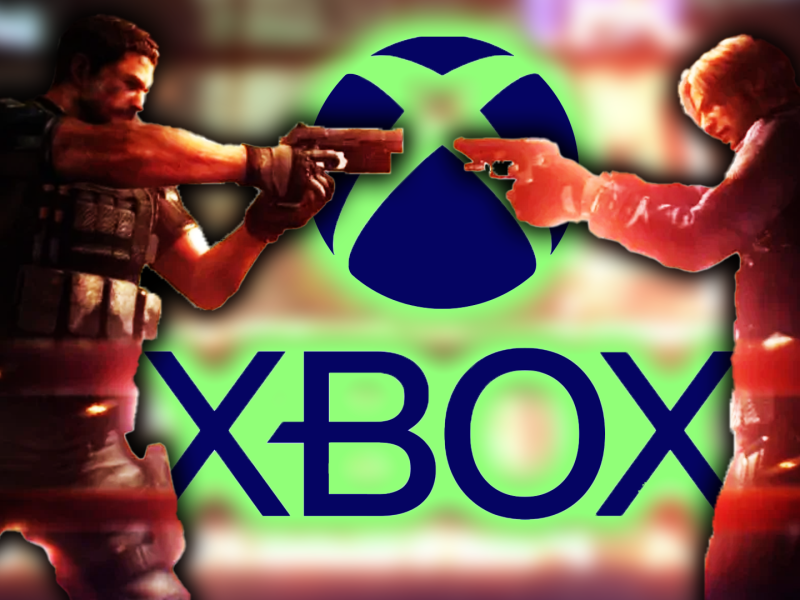 Eine Bildmontage, die zwei männlich gelesene Charaktere aus Resident Evil 6 zeigt. Zwischen beiden befindet sich das Xbox-Logo.