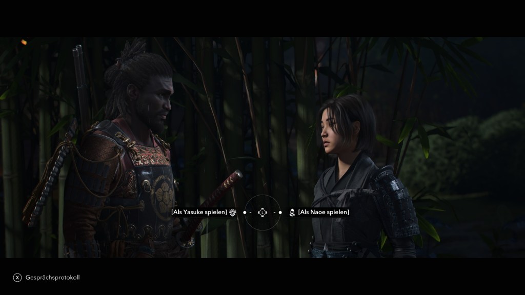Screenshot, der Naoe und Yasuke zeigt.
