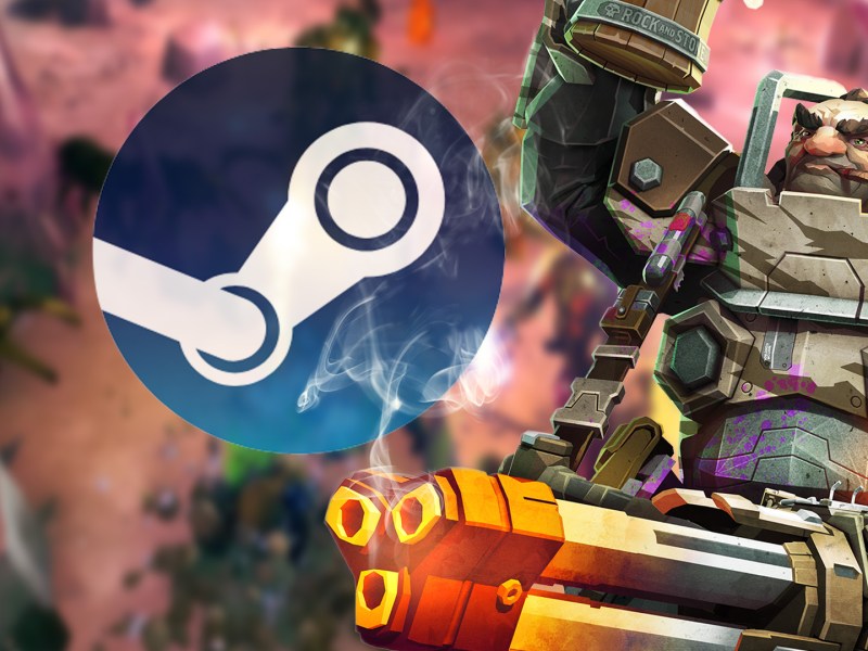 Screenshot aus Deep Rock Galactic kombiniert mit dem Logo von Steam.