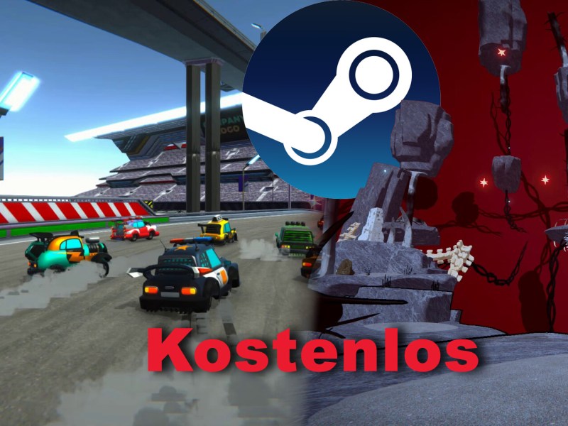 Screenshot-Collage aus Velocity Rush und Death to the Universe inklusive Steam-Logo.