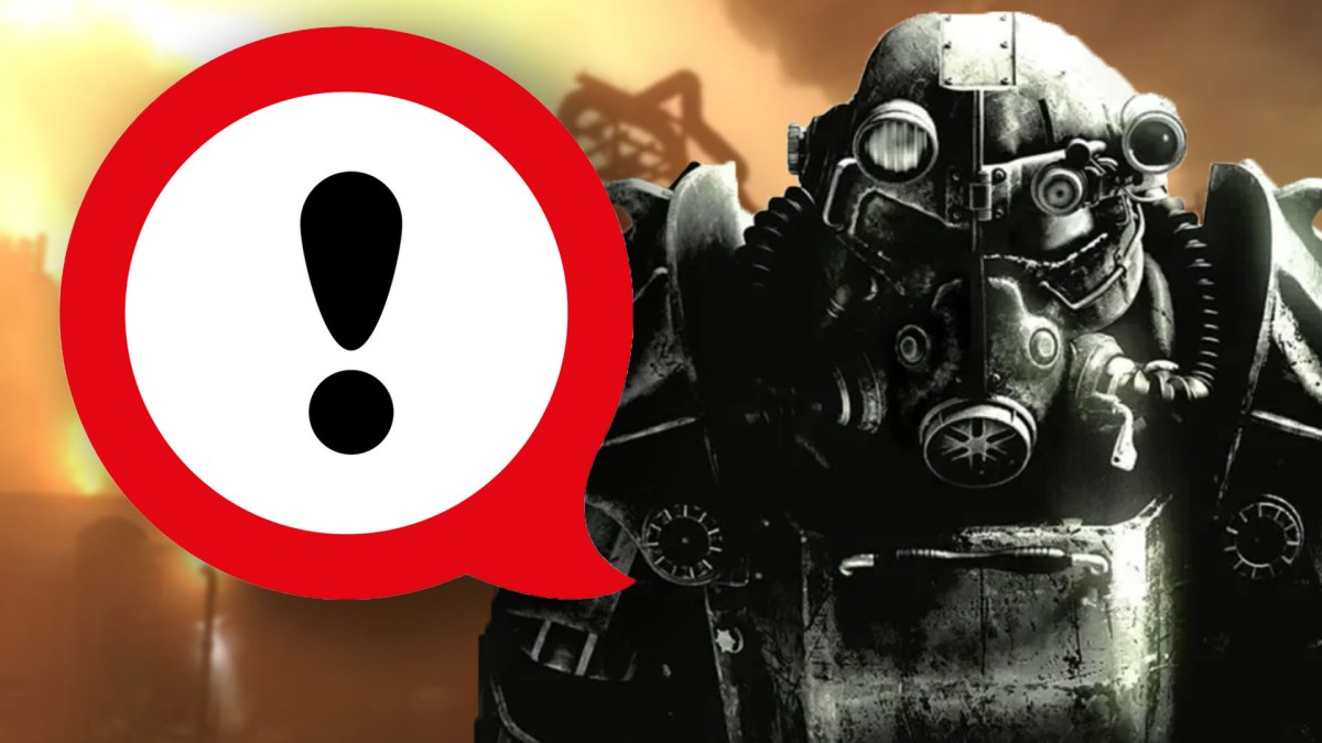 Fotomontage, in deren Zentrum ein Mitglied der Stählernen Bruderschaft gekleidet im Poweranzug aus den Fallout-Rollenspielen steht.