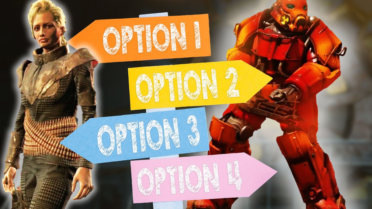 Eine Bildmontage zu Fallout, die zwei verschiedene Charaktere und ein Schild zeigt.