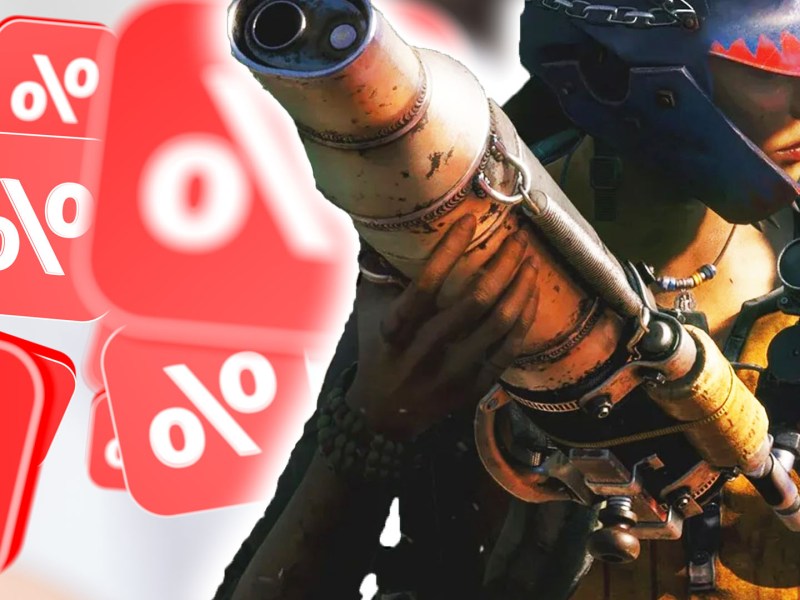 Eine Bildmontage, die Rabattzeichen zeigt und einen Charakter aus Far Cry 7.