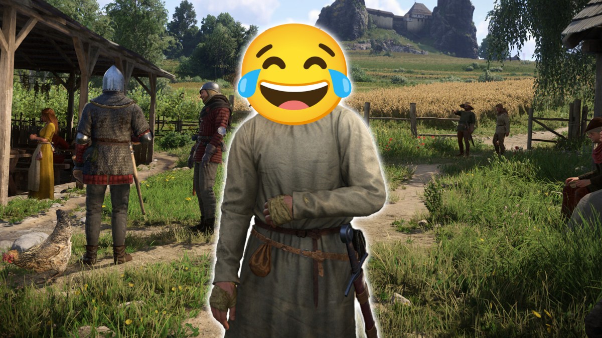 Ein Screenshot aus Kingdom Come Deliverance 2 mit lachendem Emoji.