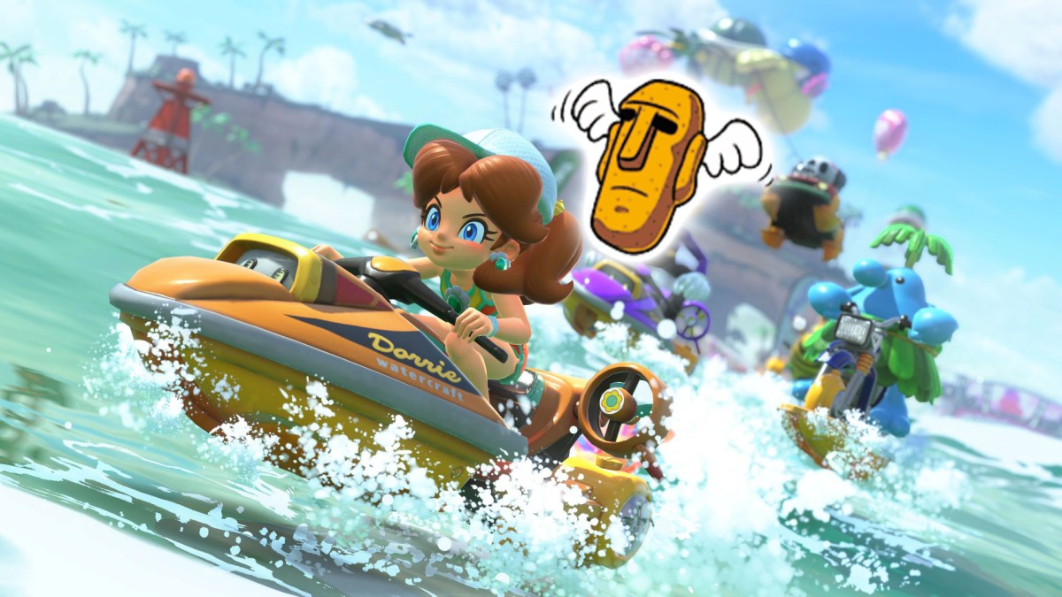 Daisy auf einem Jet Ski in Mario Kart World und Batadon aus Super Mario Land