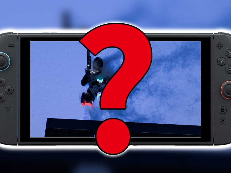 Eine Nintendo Switch 2 mit Marathon-Screenshot und Fragezeichen.