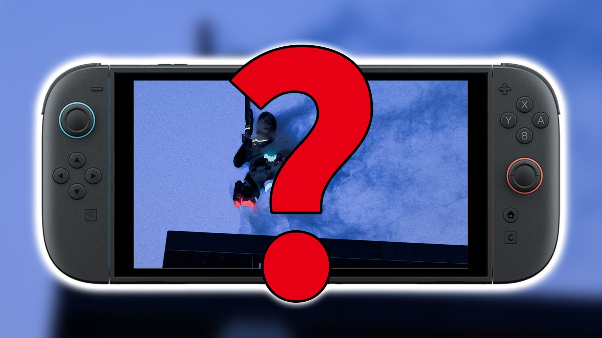 Eine Nintendo Switch 2 mit Marathon-Screenshot und Fragezeichen.