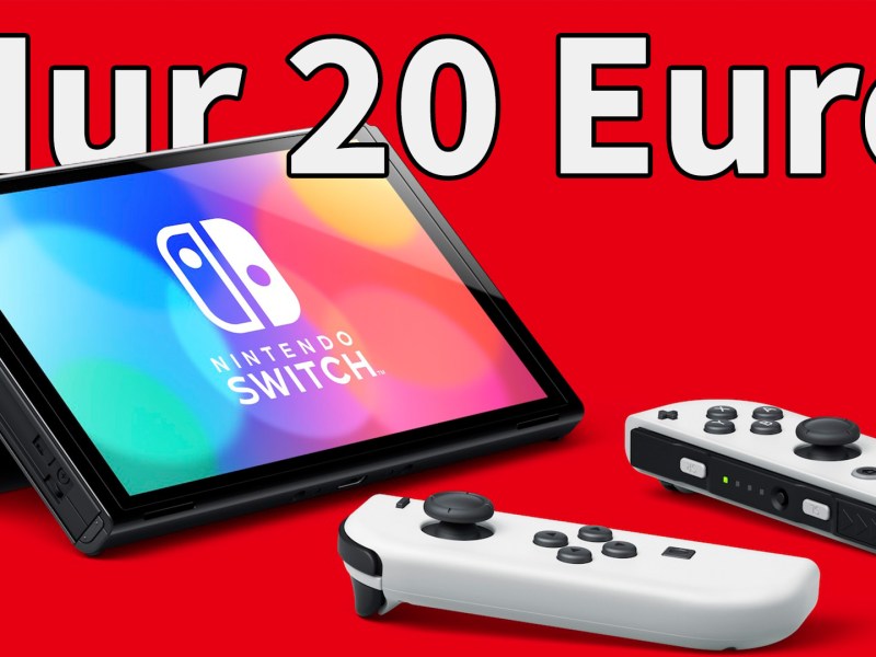 Eine Nintendo Switch OLED mit dem Schriftzug Nur 20 Euro.