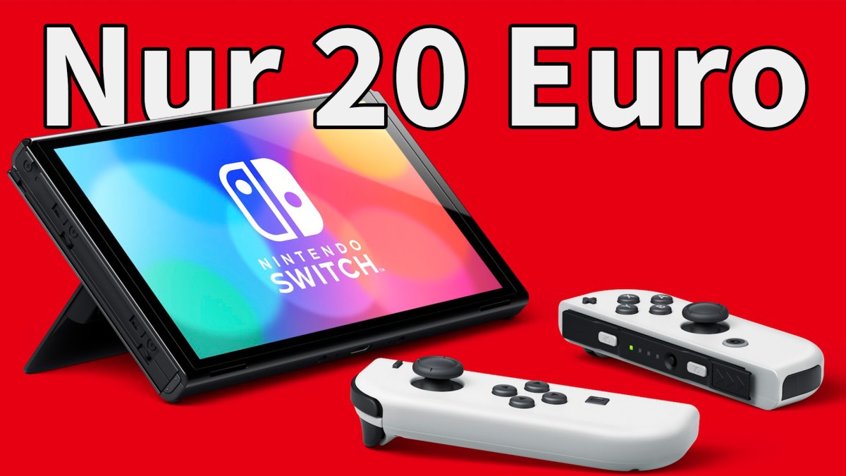 Eine Nintendo Switch OLED mit dem Schriftzug Nur 20 Euro.