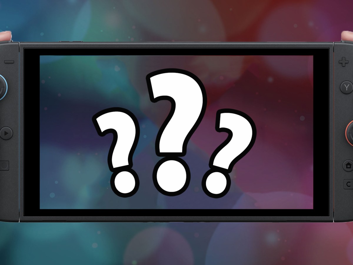 Die Nintendo Switch 2 und drei weiße Fragezeichen auf dem Bildschirm