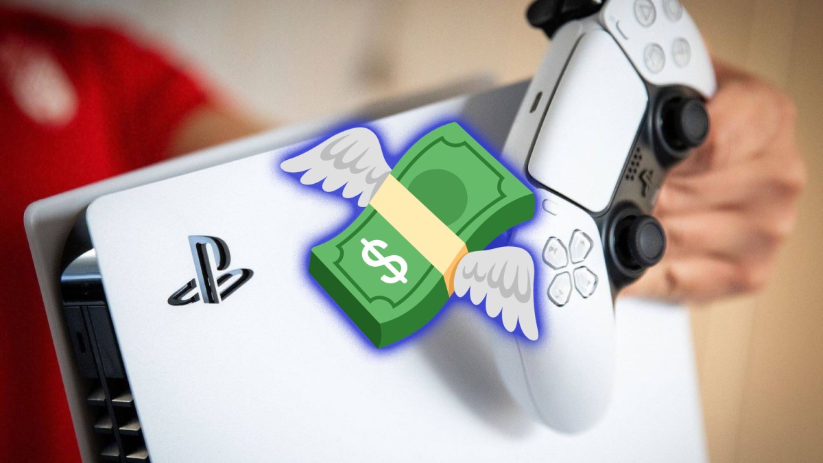 PlayStation 5 mit davonfliegendem Geldscheinbündel