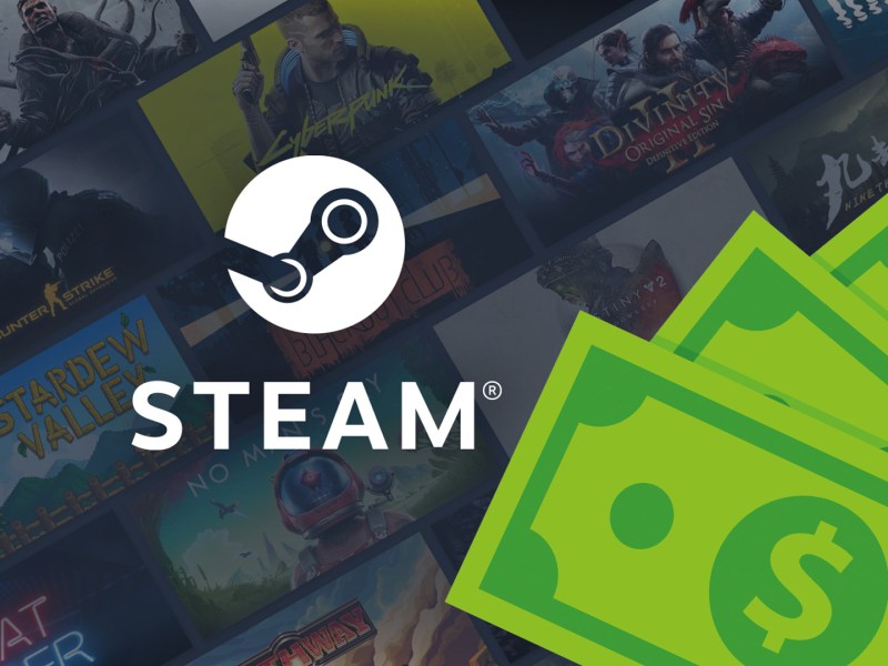 Steam Bildmontage mit comichaften Geldscheinen. Aprilscherz-Bild.