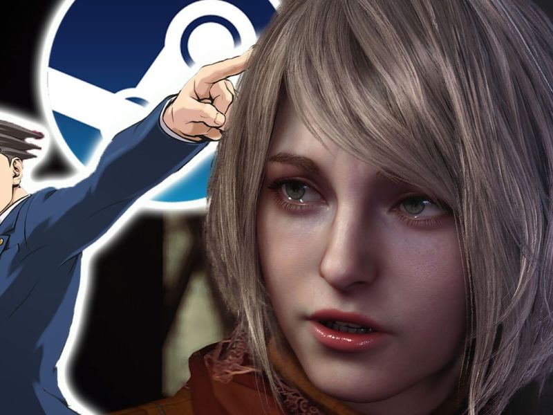 Bildmontage aus Phoenix Wright: Ace Attorney und Resident Evil 4 mit Steam Logo