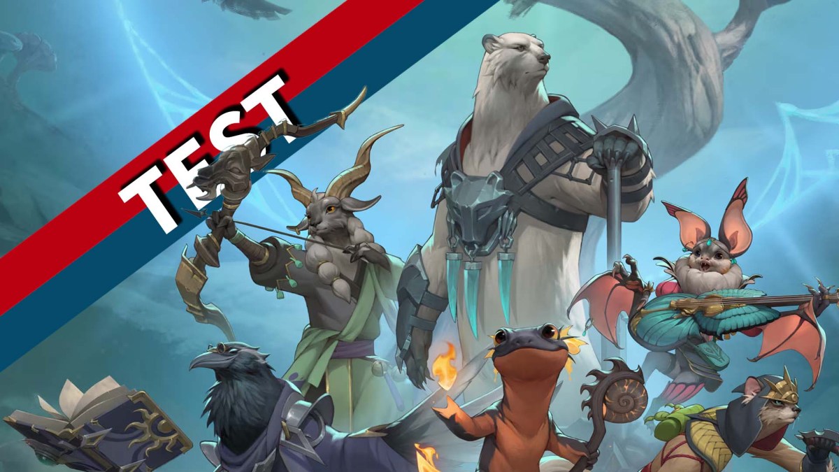 Artwork von Sunderfolk mit den sechs spielbaren Charakteren. Versehen mit dem 4P-Testbanner.