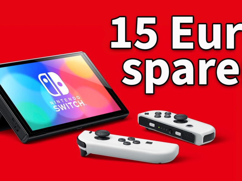 Ein Bild von der Nintendo Switch OLED mit dem Schriftzug 15 Euro sparen.