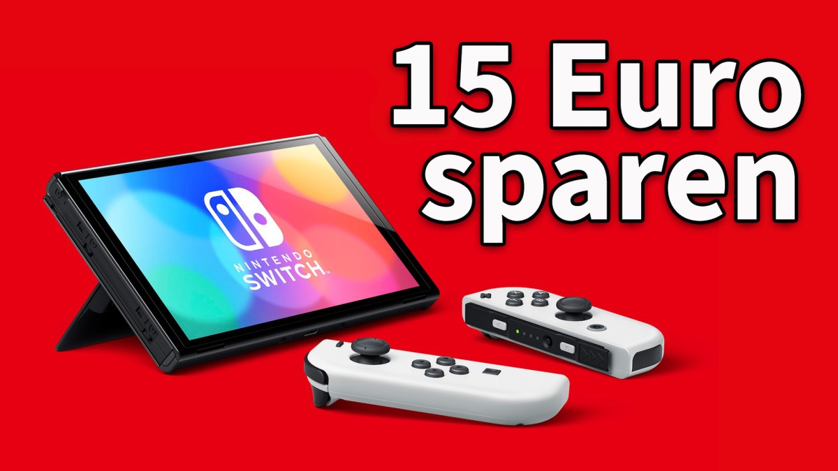 Ein Bild von der Nintendo Switch OLED mit dem Schriftzug 15 Euro sparen.