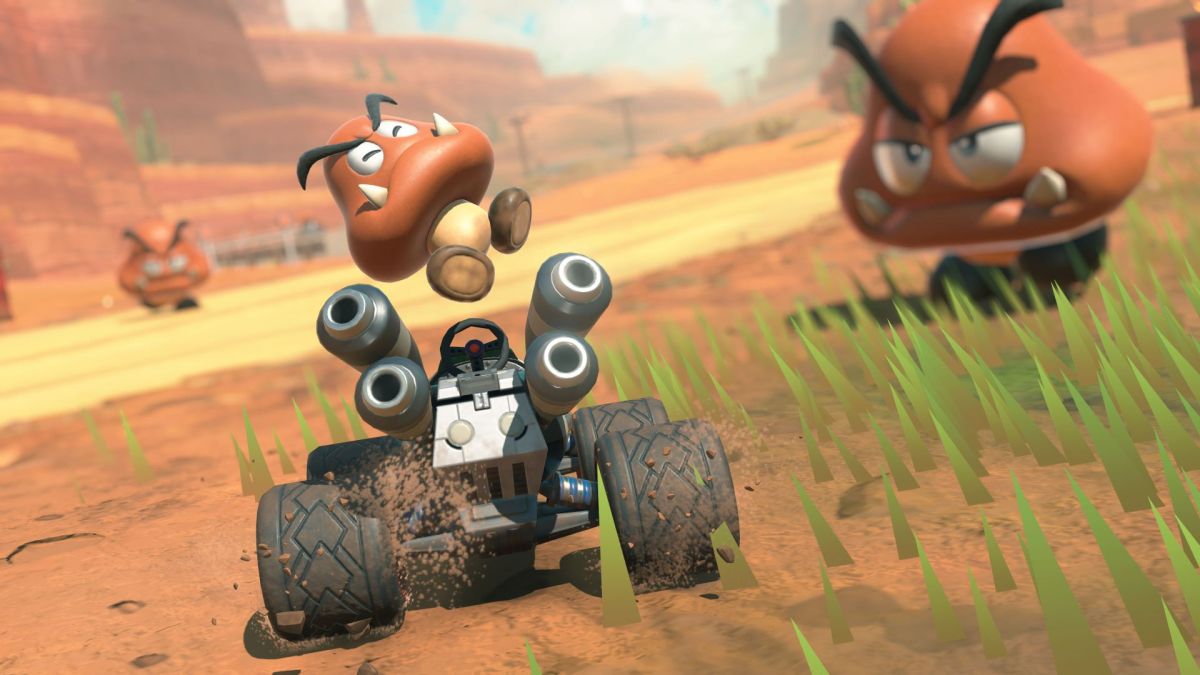 Mario Kart World auf der Switch 2: Endlich darf sich auch der Ur-Gegner Gumba ins Cockpit schwingen.