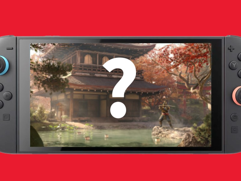 Bild von der Nintendo Switch 2 vor rotem Hintergrund. Auf dem Bildschirm ist ein Screenshot von Assassin's Creed Shadows und ein weißes Fragezeichen eingefügt.