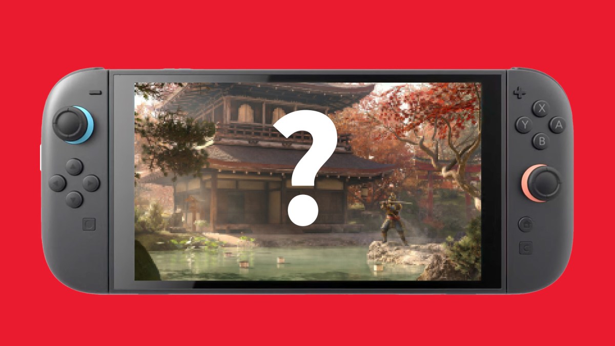 Bild von der Nintendo Switch 2 vor rotem Hintergrund. Auf dem Bildschirm ist ein Screenshot von Assassin's Creed Shadows und ein weißes Fragezeichen eingefügt.