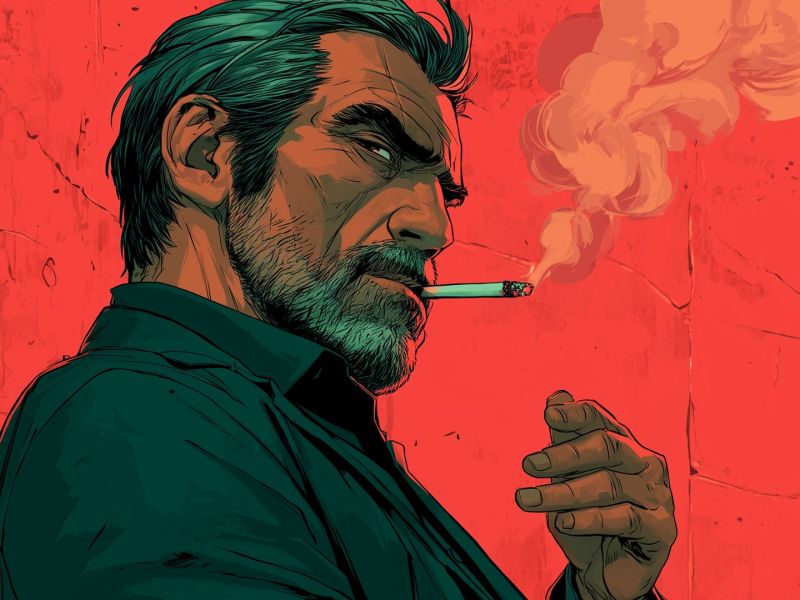 Eine Illustration eines Mannes, der eine Zigarette raucht.