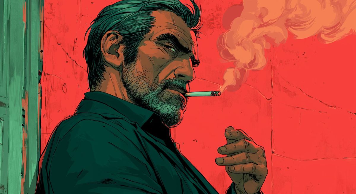 Eine Illustration eines Mannes, der eine Zigarette raucht.