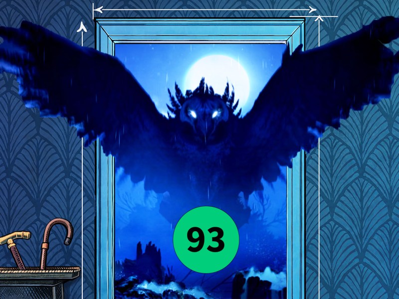 Eine blaue Wand, eine blaue Eule und ein grüner Kreis mit einer 93.