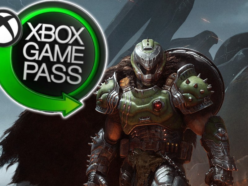 Artwork von Doom: The Dark Ages mit dem Doom Slayer im Vordergrund. Zu sehen ist außerdem das Logo des Xbox Game Pass.