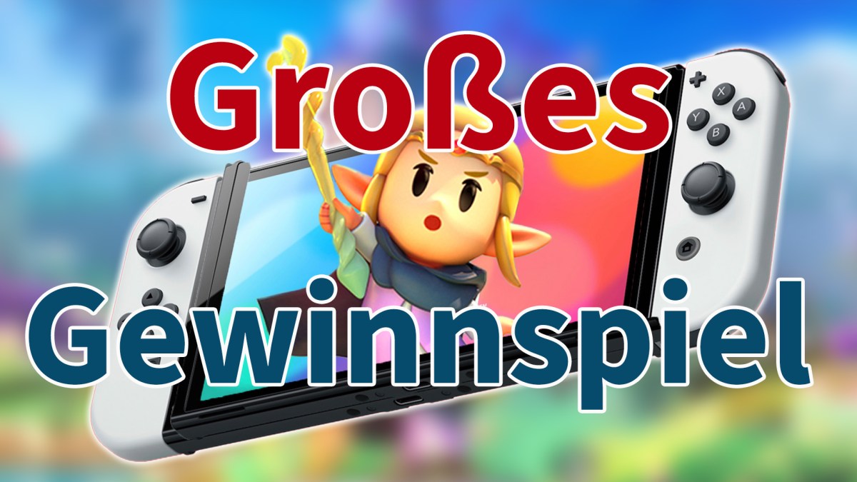 Eine Nintendo Switch mit Zelda und den Worten Großes Gewinnspiel.